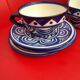 Trio of cups and saucers painted by hand. Blue faience. St John of Brittany.