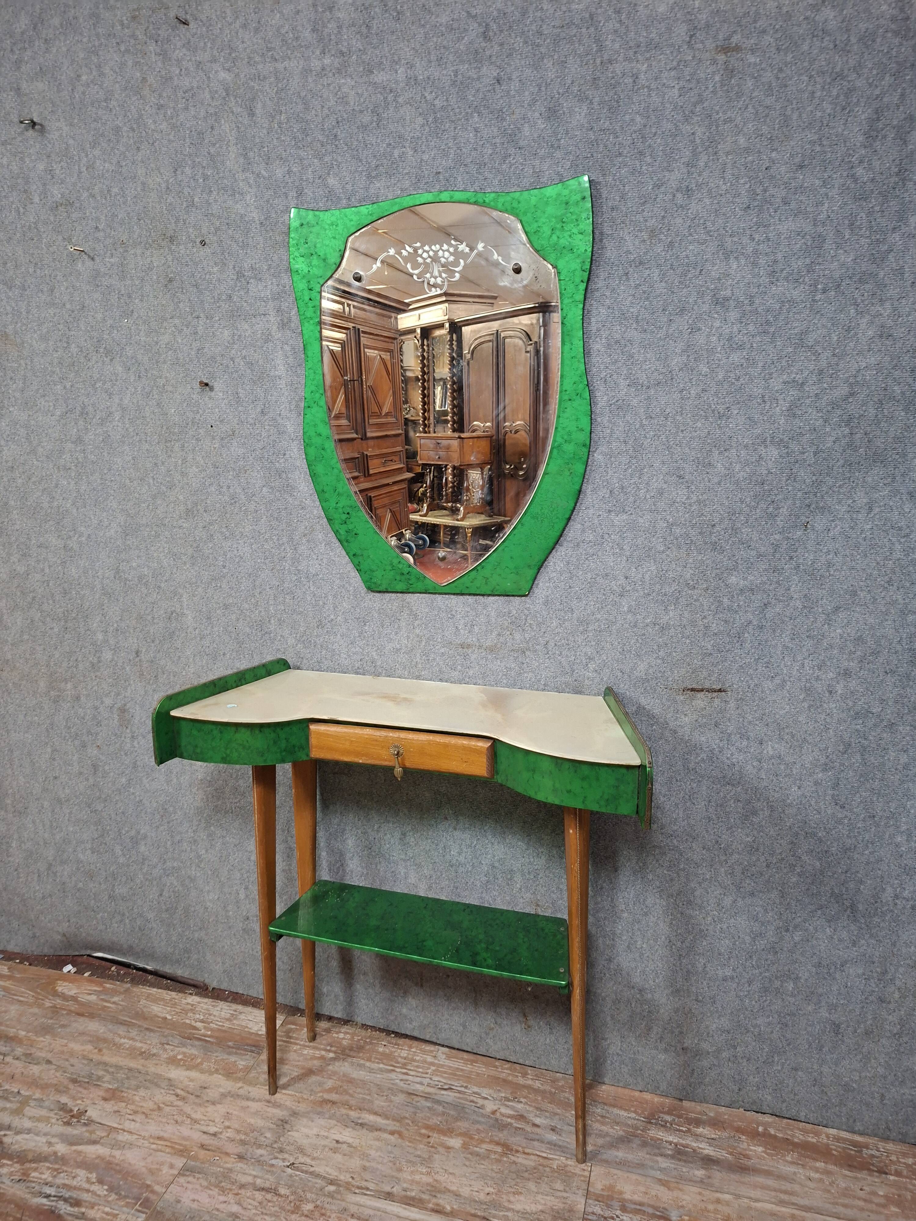 Art Deco console and mirror in green lacquered wood – Circa 1930