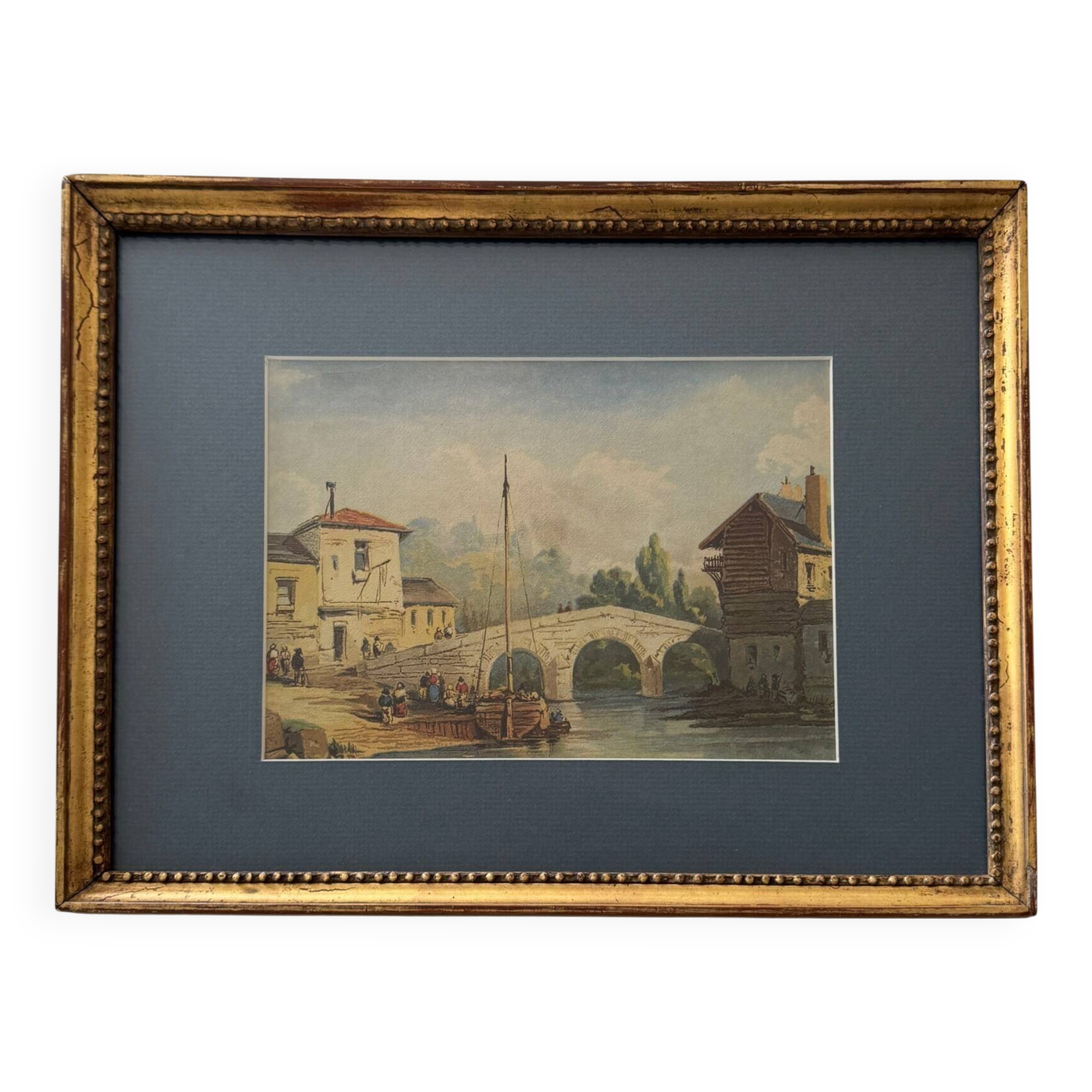 Watercolor on paper boat anchored near a bridge 19th century gilded frame