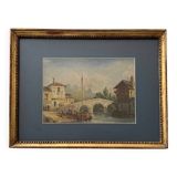 Watercolor on paper boat anchored near a bridge 19th century gilded frame