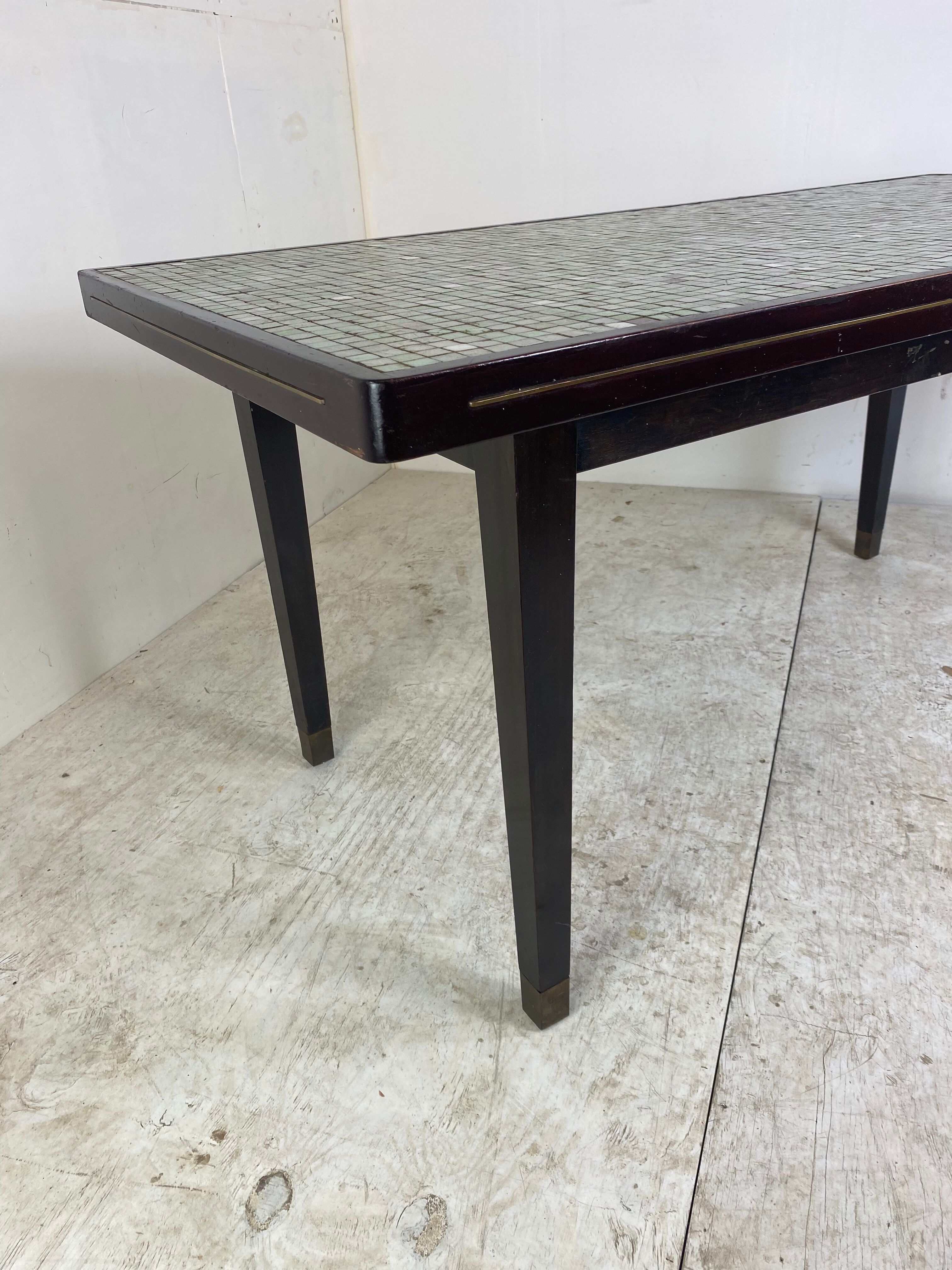 Table à manger en bois italien vintage, laiton et mosaïque de verre, années 1950