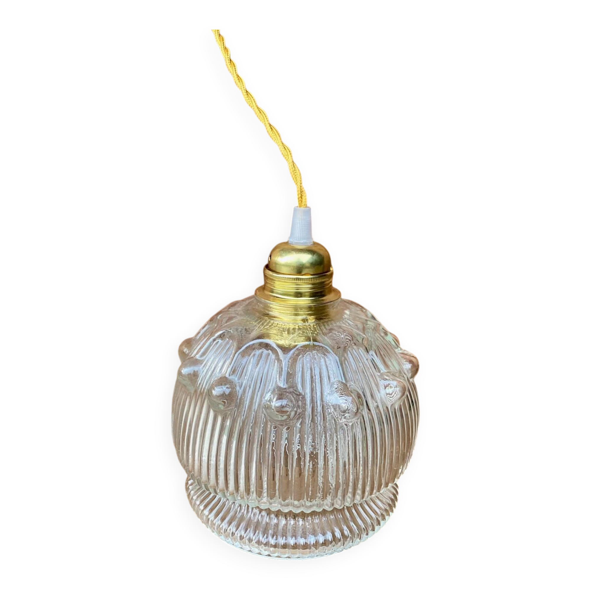 Vintage flower-shaped transparent glass pendant globe.