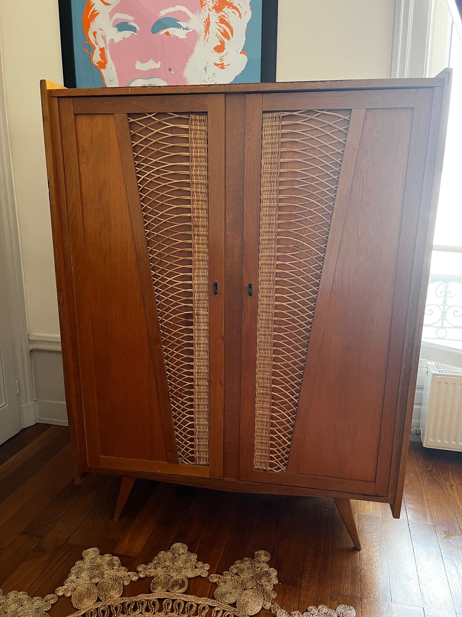 Wood and rattan cabinet 60s