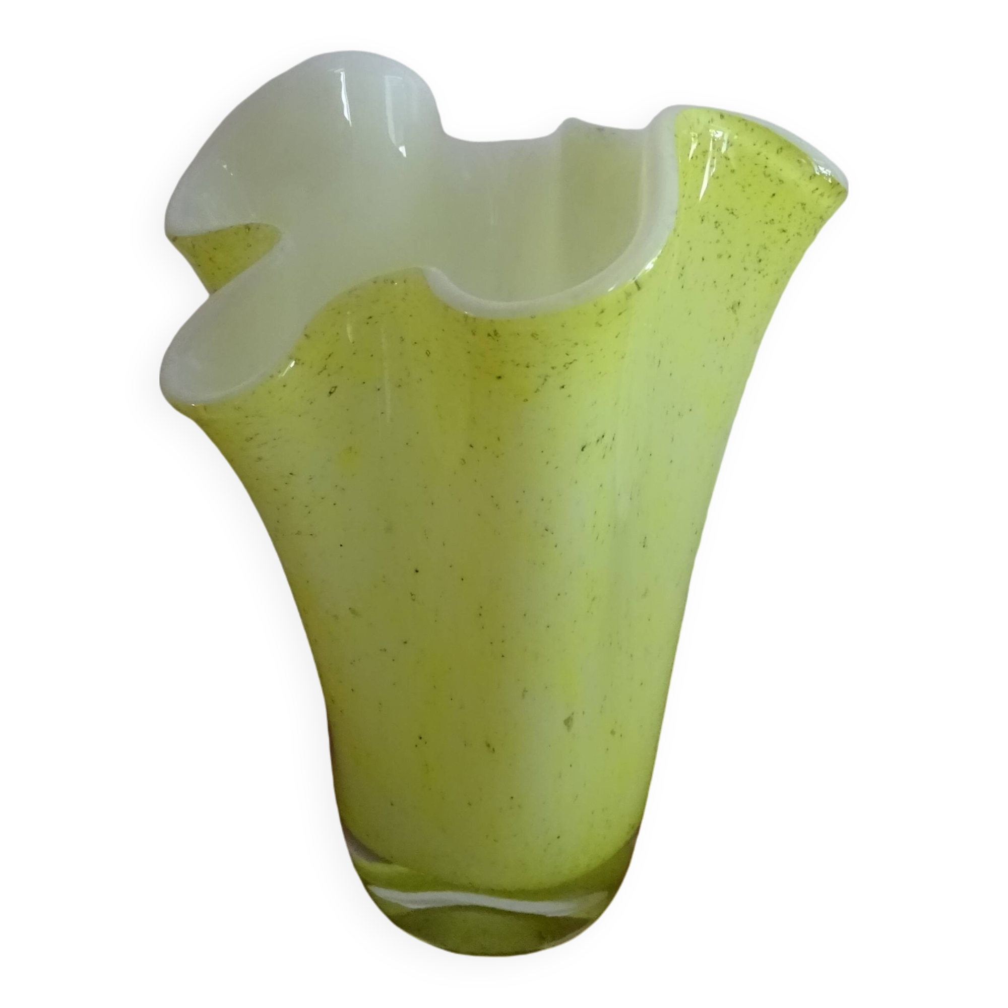 Vintage 1960s murano glass handkerchief vase, yellow and white speckled