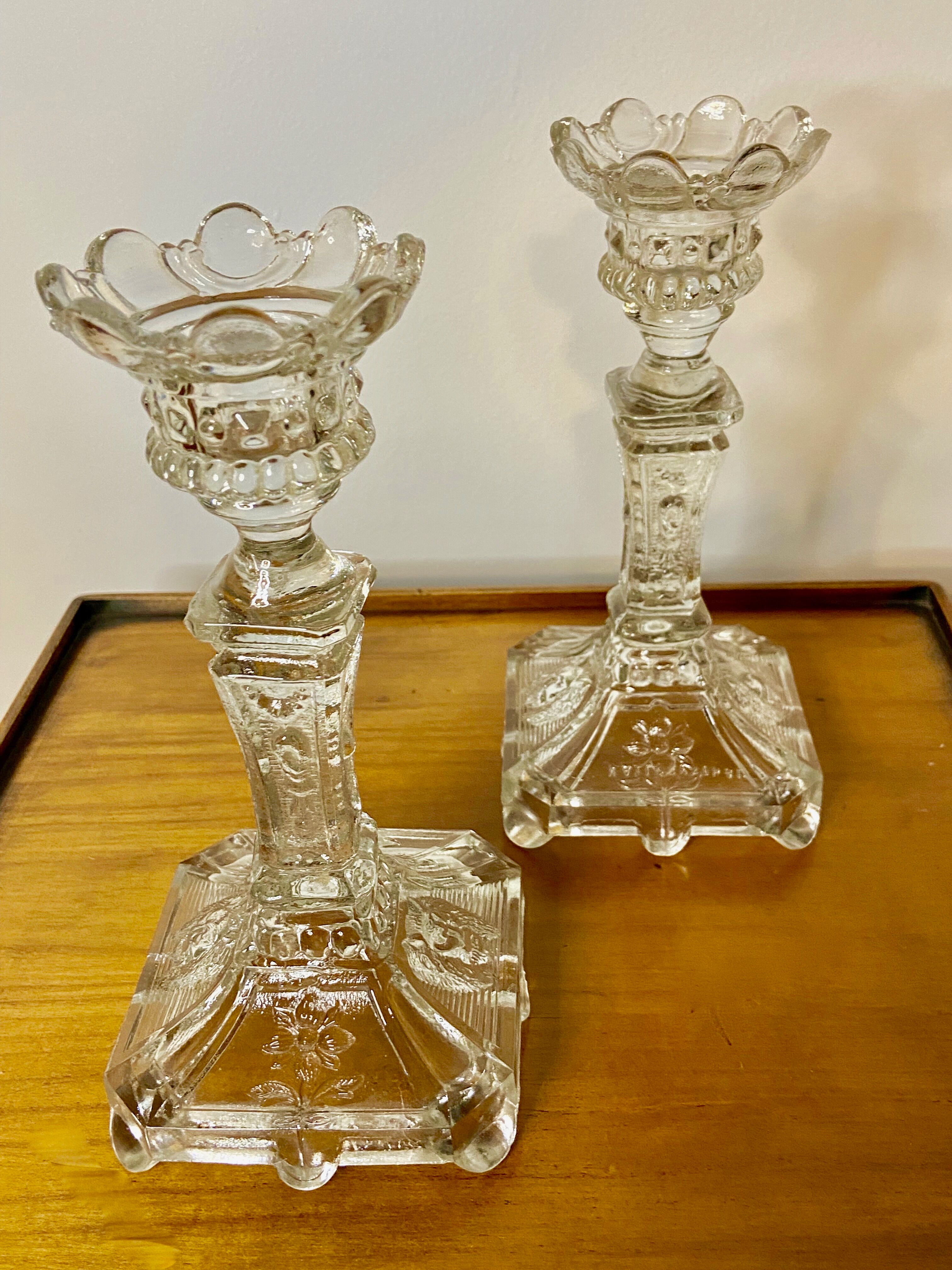 Pair of molded glass candle holders - Vallerysthal crystal