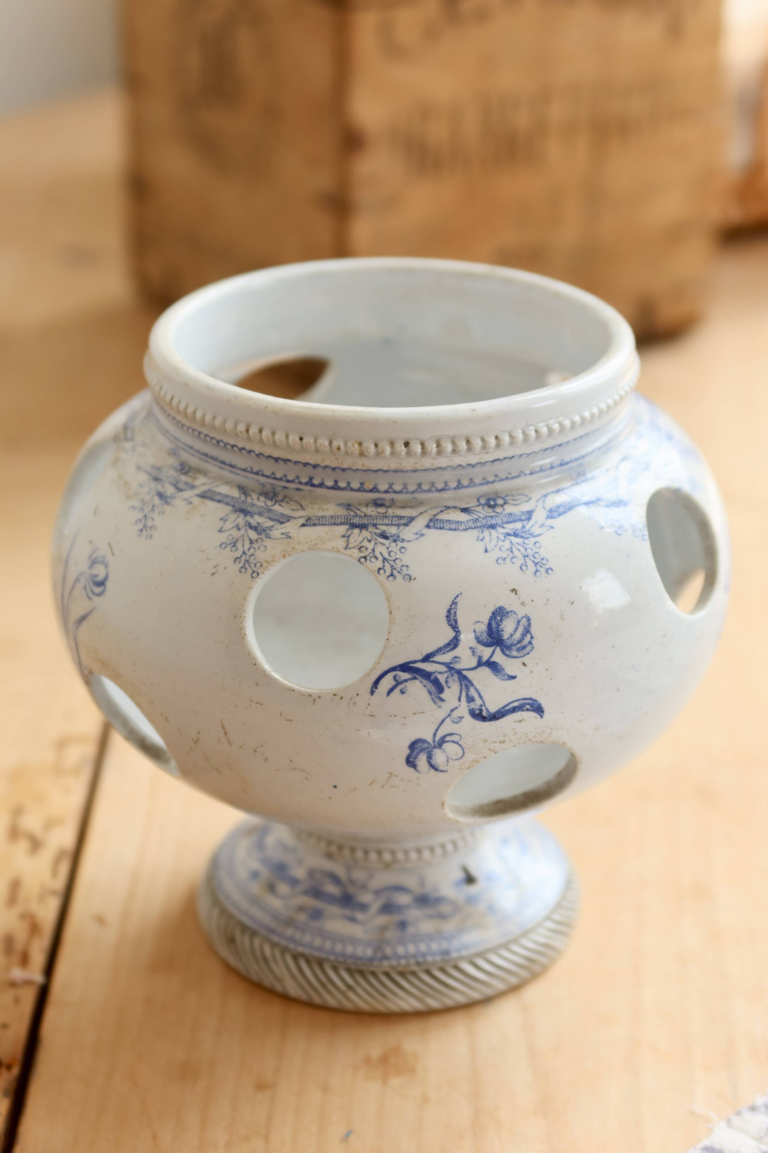 Old crocus pot in blue earthenware | Saint-Uze flower holder in REVOL style