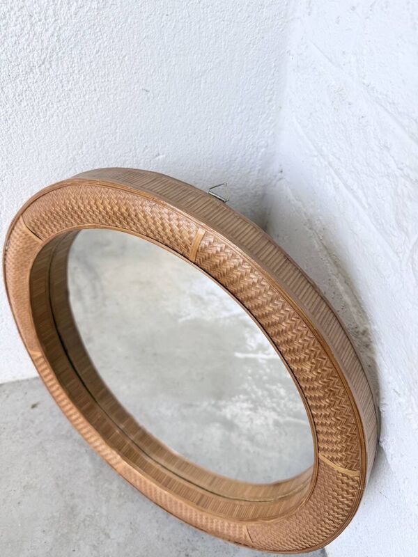 Miroir rond osier tressé 1960