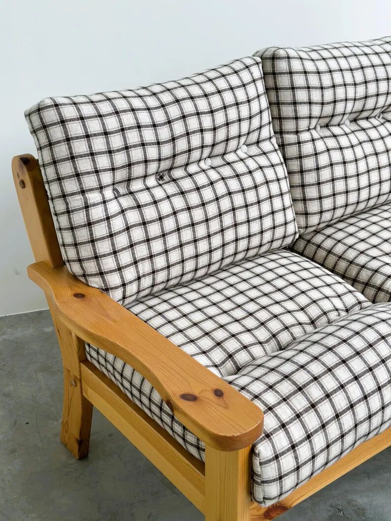 Vintage Two-Seater Pine Sofa with Original Checked Upholstery, 1970s