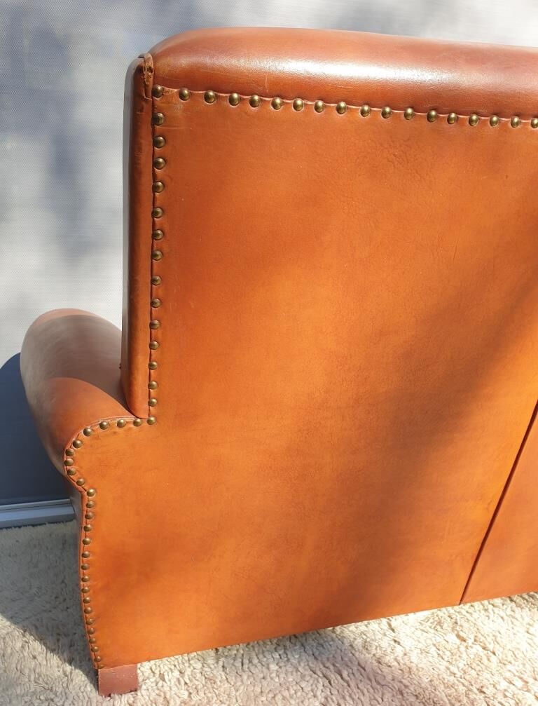 Sofa club leather 3 places buttoned back finish studded and velvet