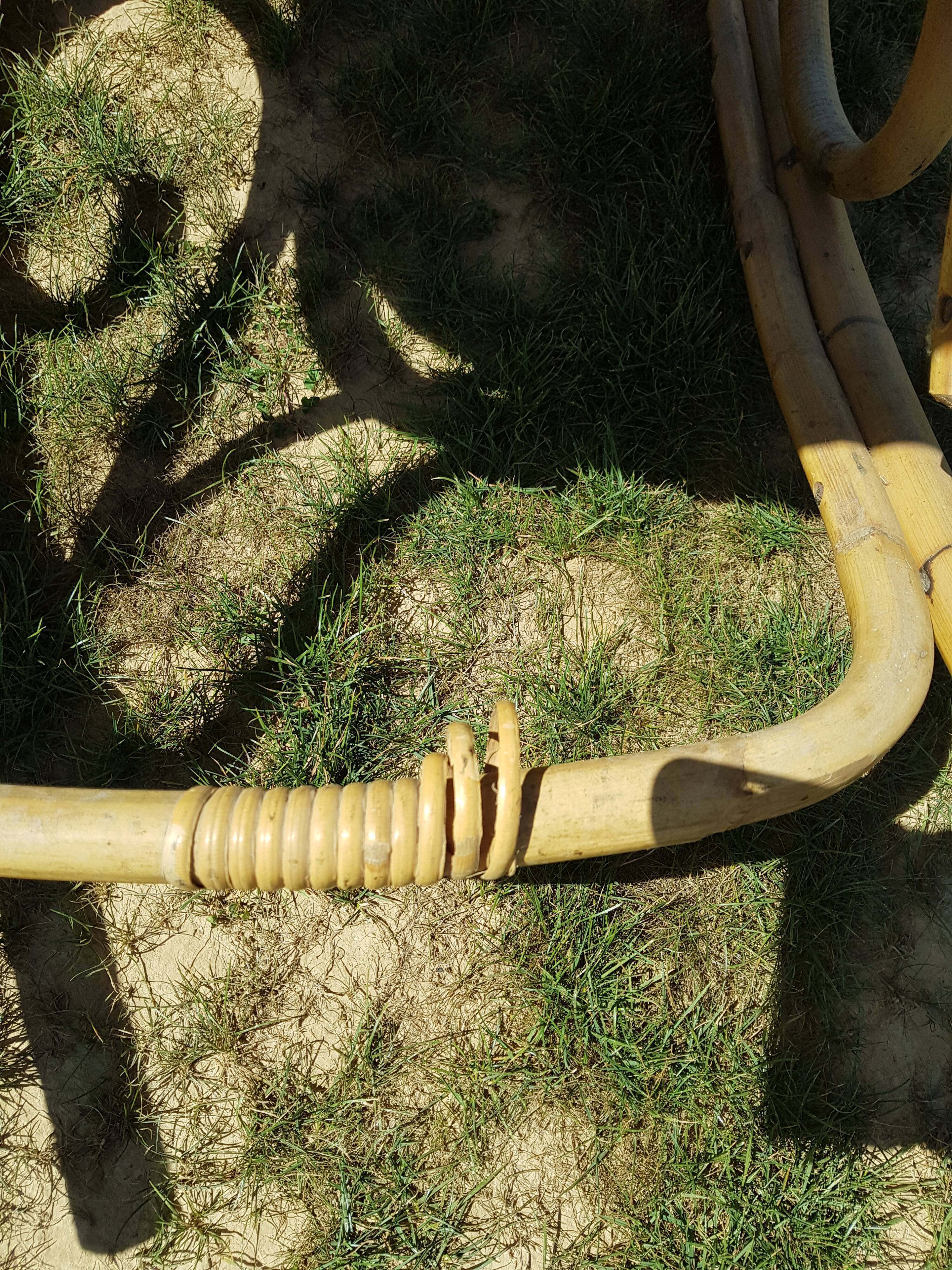 Set of 2 bamboo rocking chairs, yellow fabric with arabesques