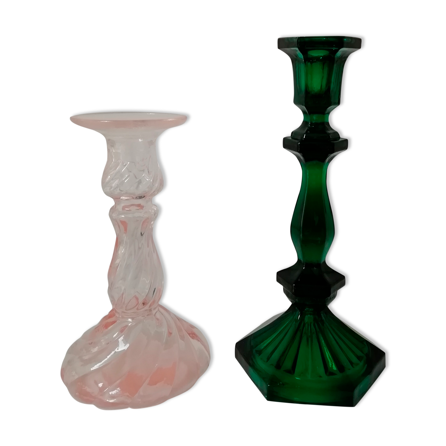 Pair of glass candle holders, pink and green