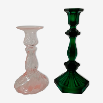 Pair of glass candle holders, pink and green