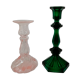 Pair of glass candle holders, pink and green
