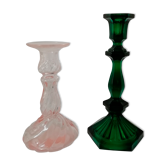 Pair of glass candle holders, pink and green