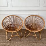 Pair of rattan ball-shaped armchairs from the 50s/60s