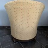 Fauteuil, crapaud, tapissier, ameublement jaune à motifs et bois