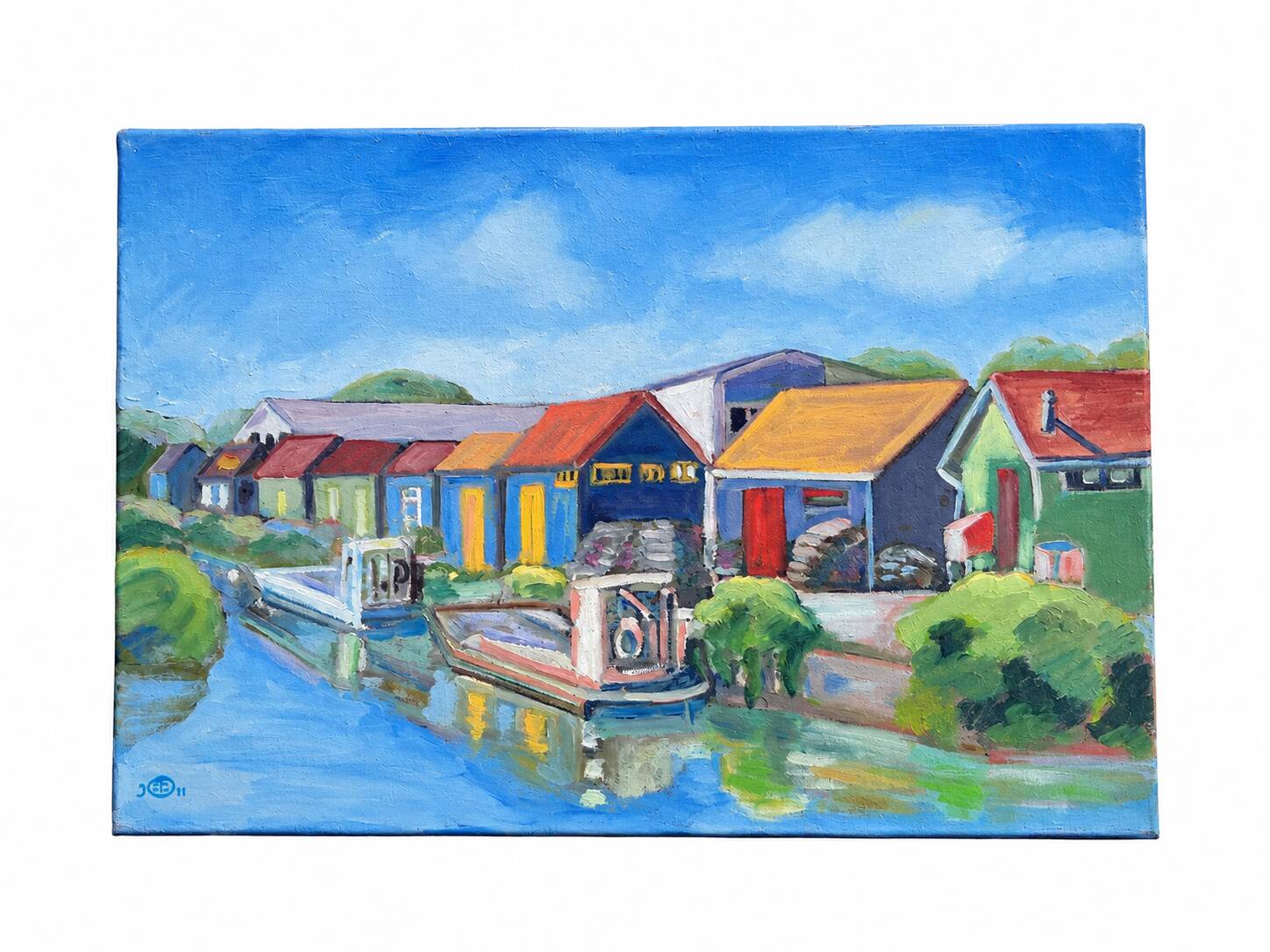 Painting signed by Esther Durand – Colourful huts by the water – Oil on