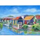 Painting signed by Esther Durand – Colourful huts by the water – Oil on