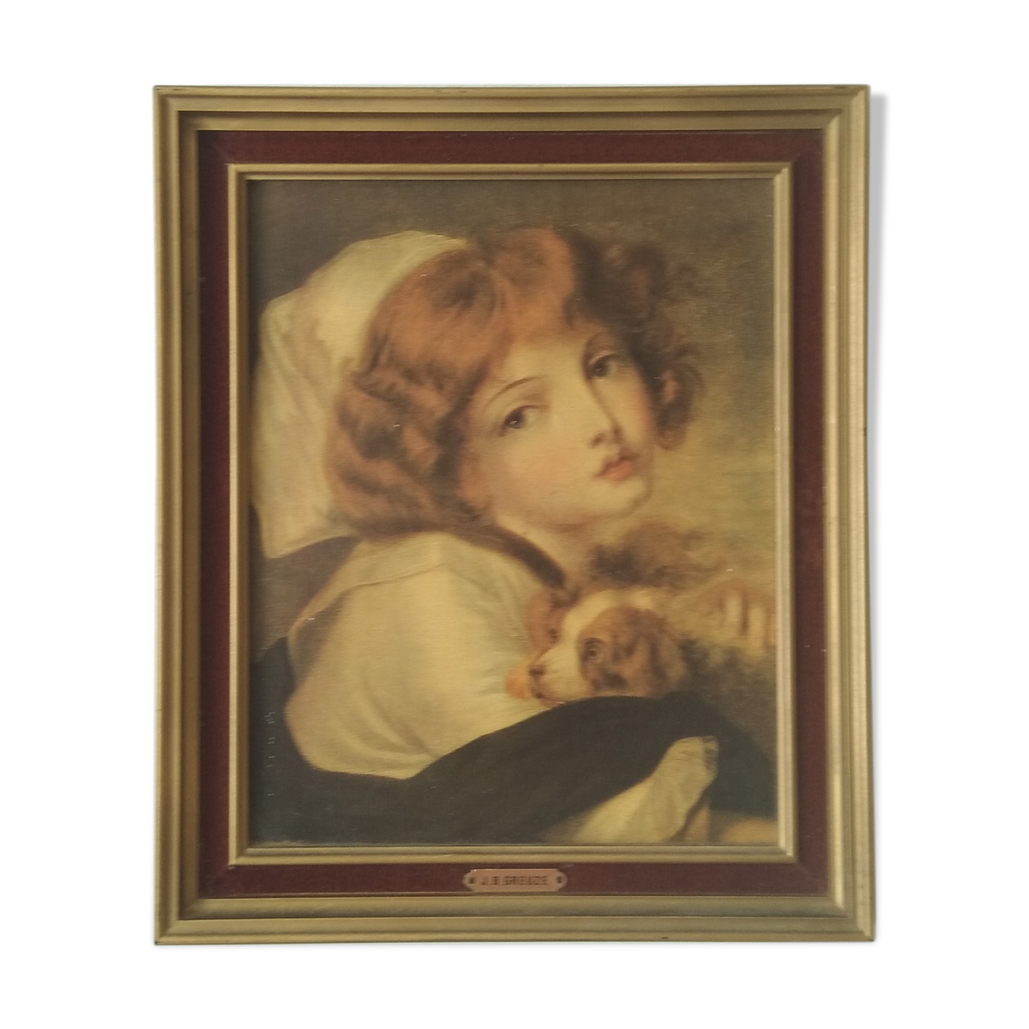 Table J B Greuze reproduction the little girl to the dog Frame 25 x 30.2 cm Back tapestry vel