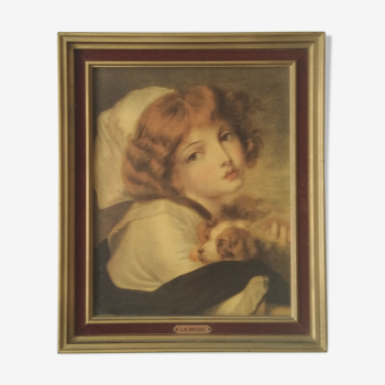 Tableau J B Greuze reproduction la petite fille au chien  Cadre 25 x 30.2 cm  Tapisserie arrière vel