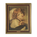 Table J B Greuze reproduction the little girl to the dog Frame 25 x 30.2 cm Back tapestry vel