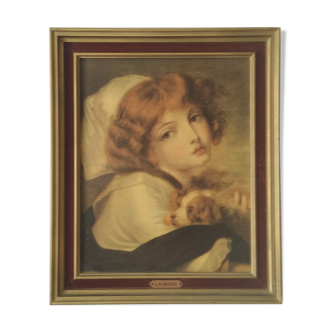 Table J B Greuze reproduction the little girl to the dog Frame 25 x 30.2 cm Back tapestry vel