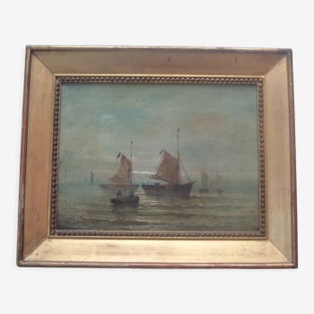 Tableau xix marine hst signed moreno, sailing boats fishermen, frame painting oil canvas
