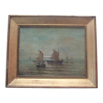 Tableau xix marine hst signed moreno, sailing boats fishermen, frame painting oil canvas
