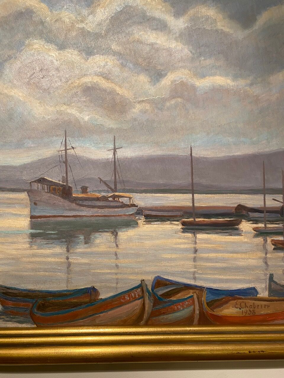 Old painting, Marine, signed E Chabrier and dated 1938