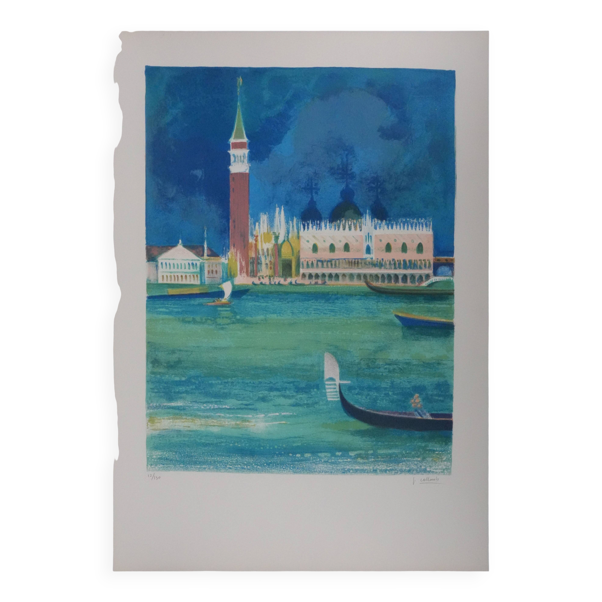 Paul Collomb : Le lagon de Venise, lithographie originale signée