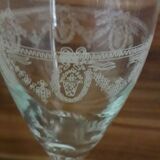 5 white wine glasses etched decorations, golden edge, twisted foot