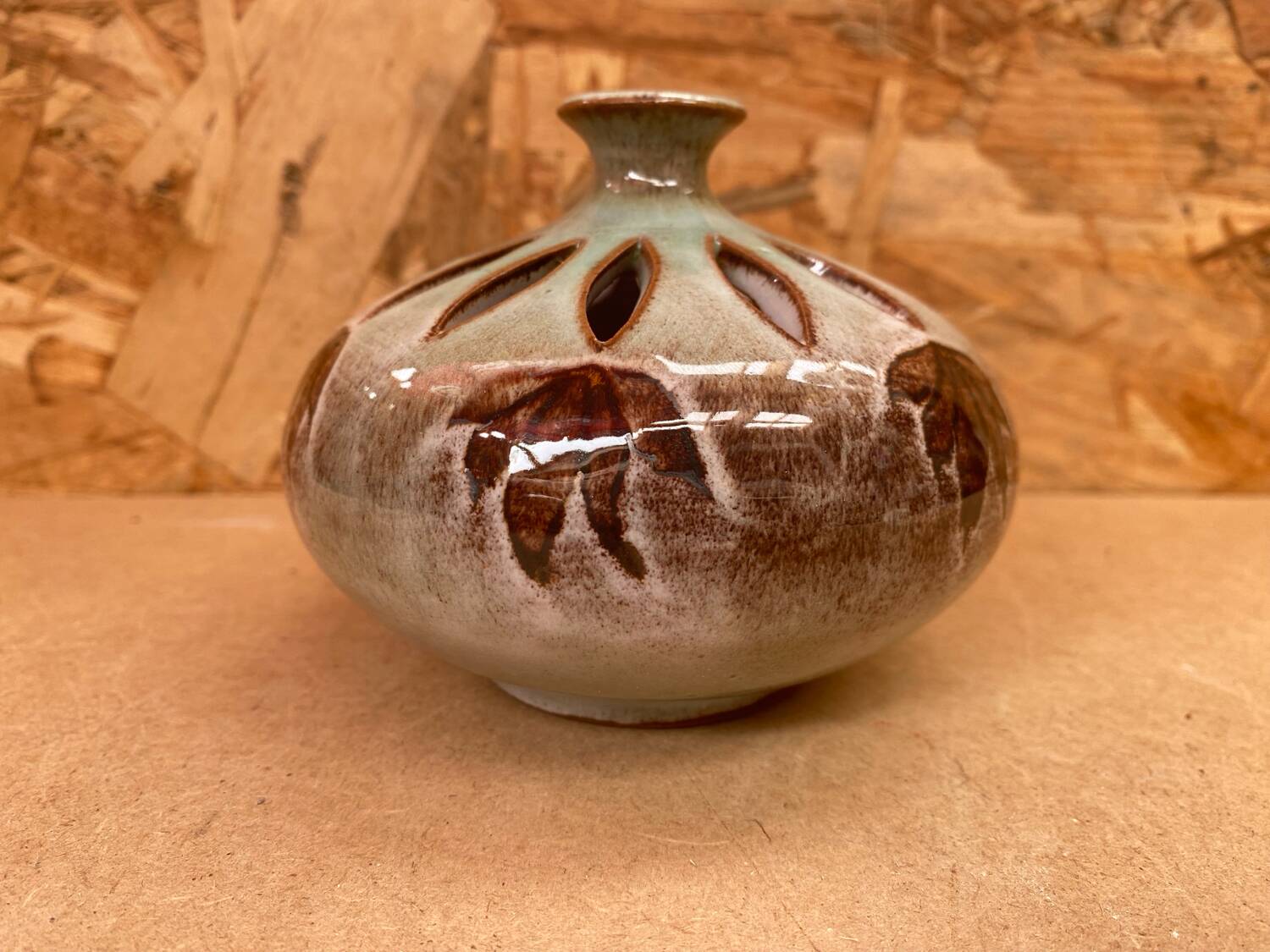 Antique brown glazed ceramic soliflore vase vintage leaf decor