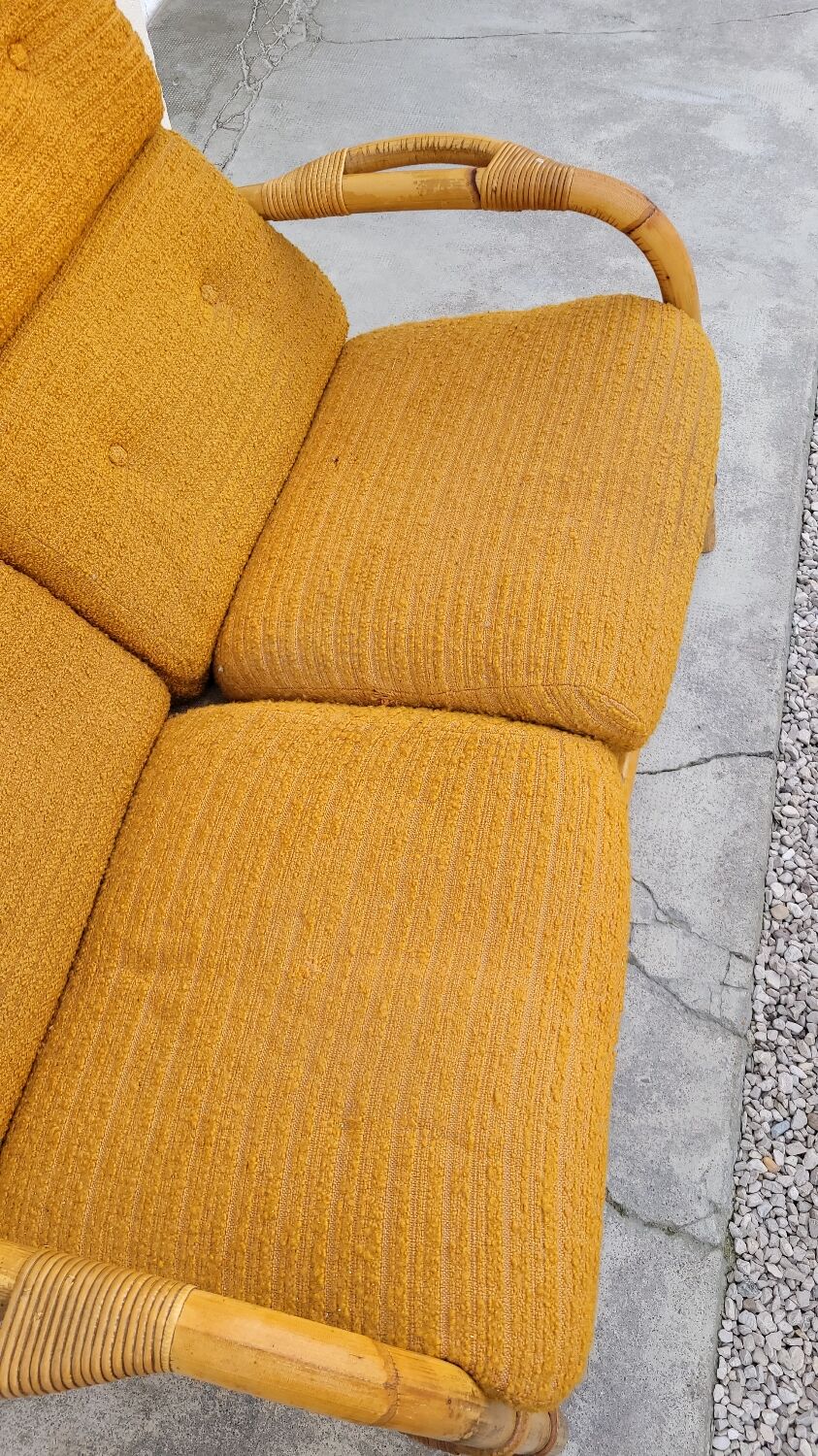 Salon canapé, 2 fauteuils et table basse en rotin vintage fabrication 1950