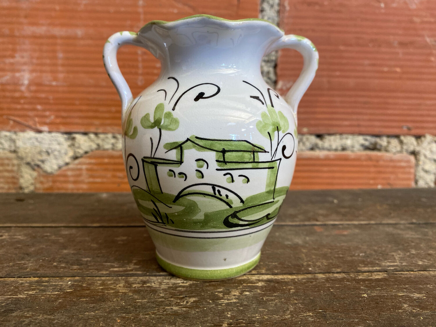 Vintage White Ceramic Vase with Green Landscape Decor from the 1970s