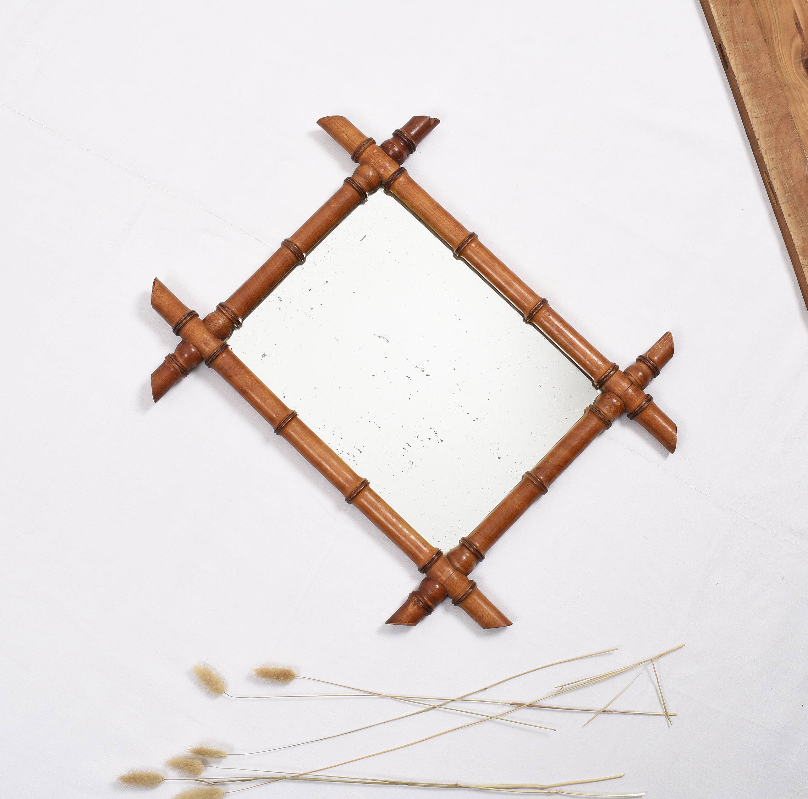 Old turned wooden mirror, bamboo imitation
