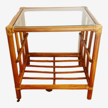 Vintage rattan and glass bedside table