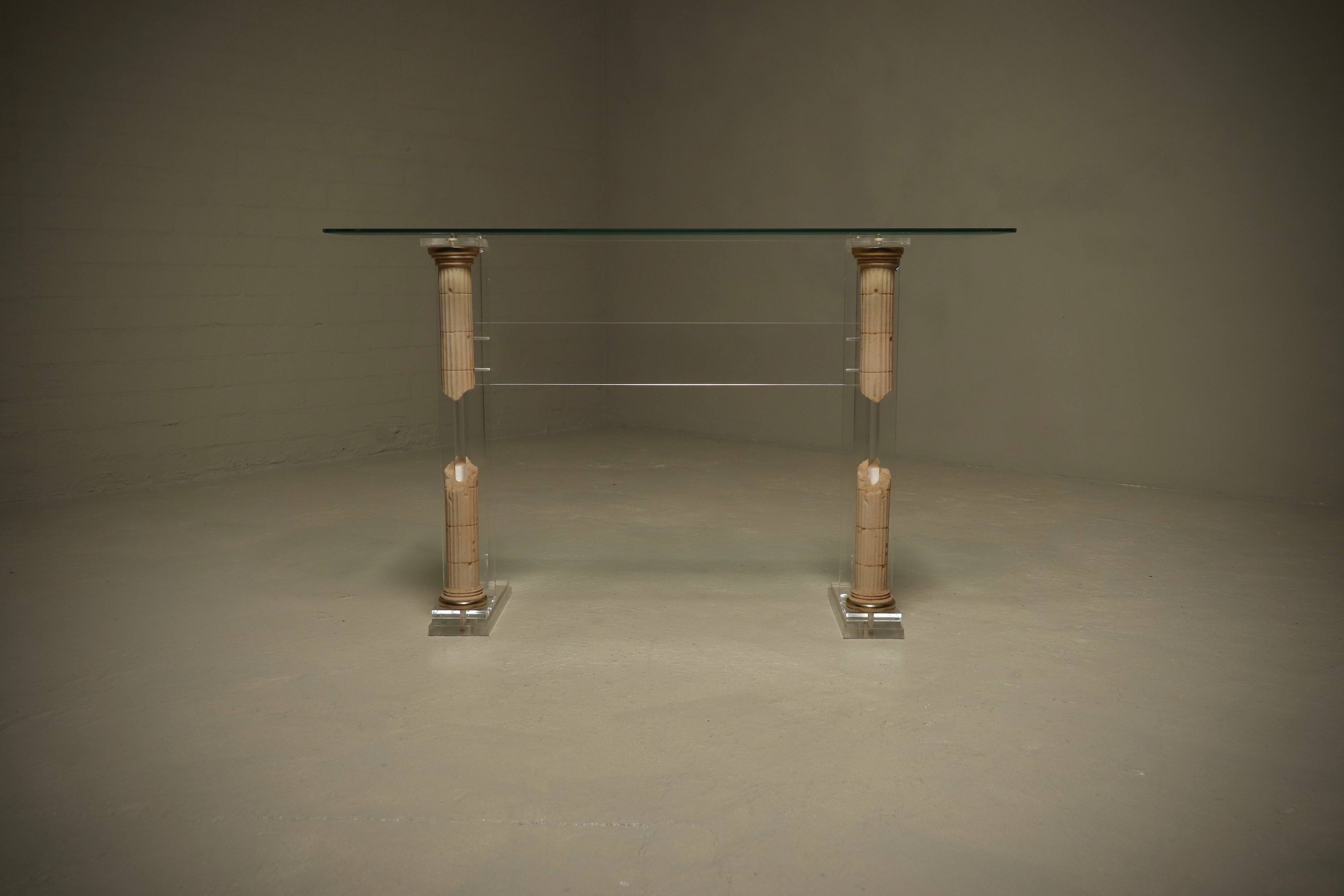 Italian Modern Plexiglass Console Table with Roman Column Details 1980s