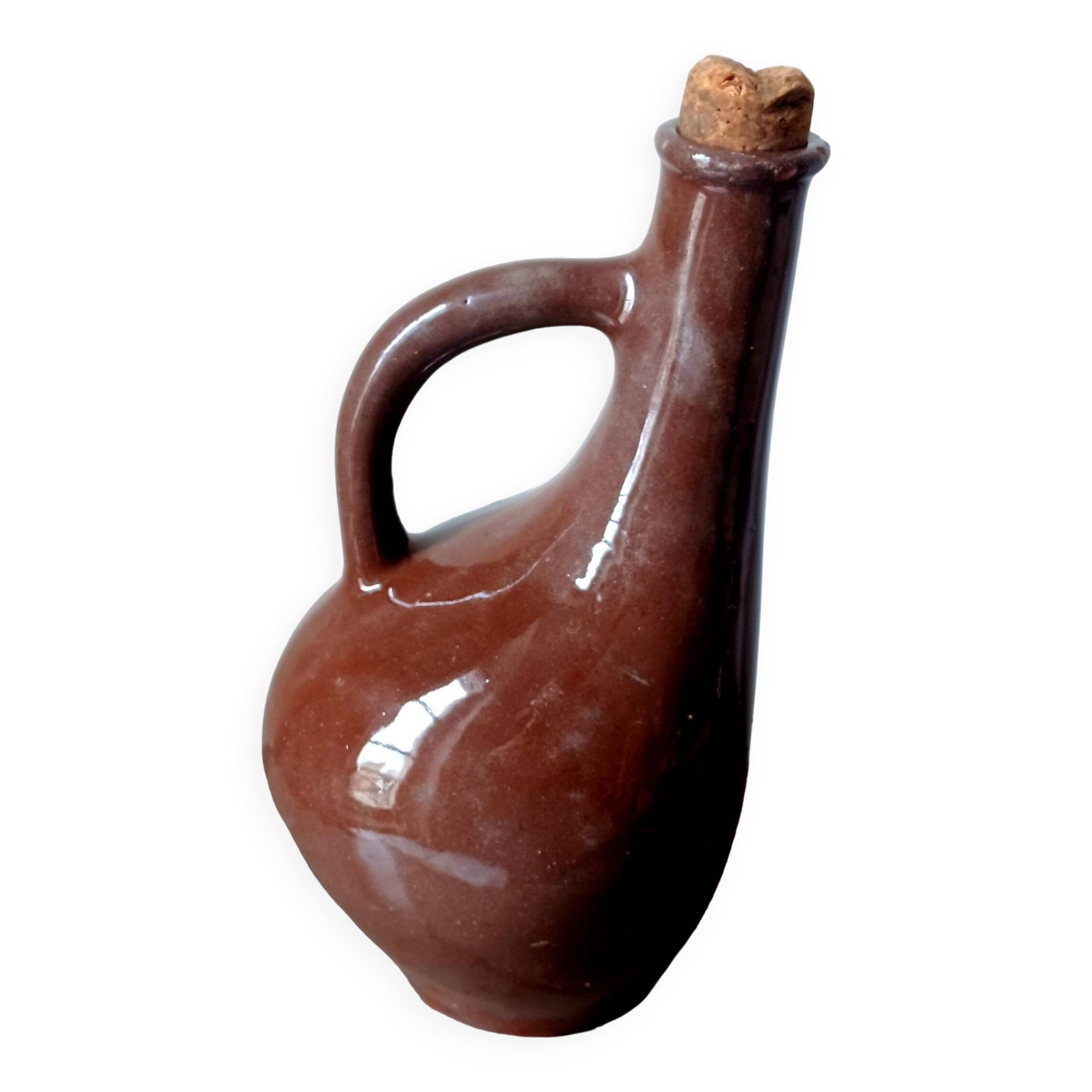 Rare and old dark brown pot-bellied jug. Made in Cuba