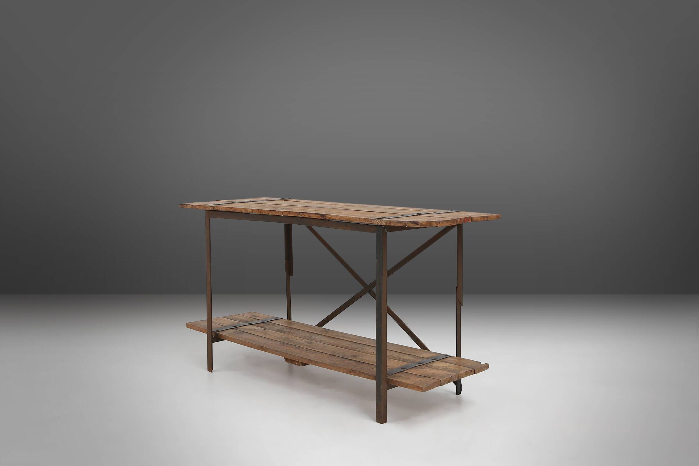 Industrial side table with metal frame and wooden top and removable platform, Belgium, 1920