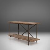 Industrial side table with metal frame and wooden top and removable platform, Belgium, 1920