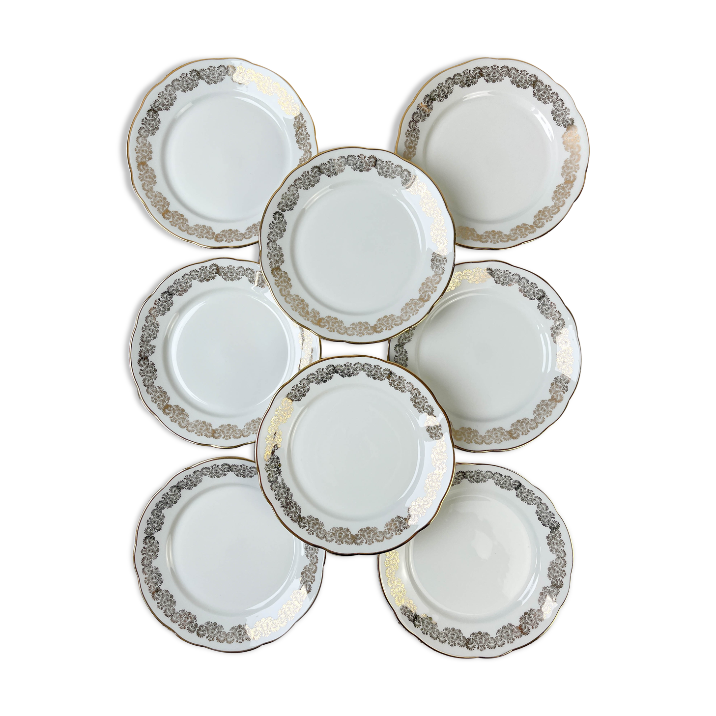 8 Flat plates porcelain white gilded CHAUVIGNY LIMOGES
