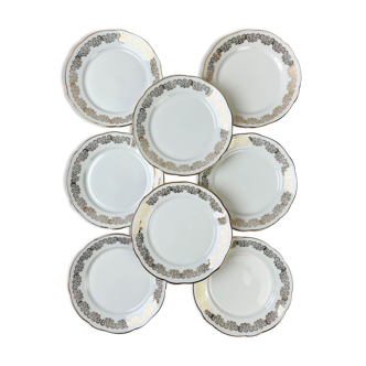 8 Flat plates porcelain white gilded CHAUVIGNY LIMOGES