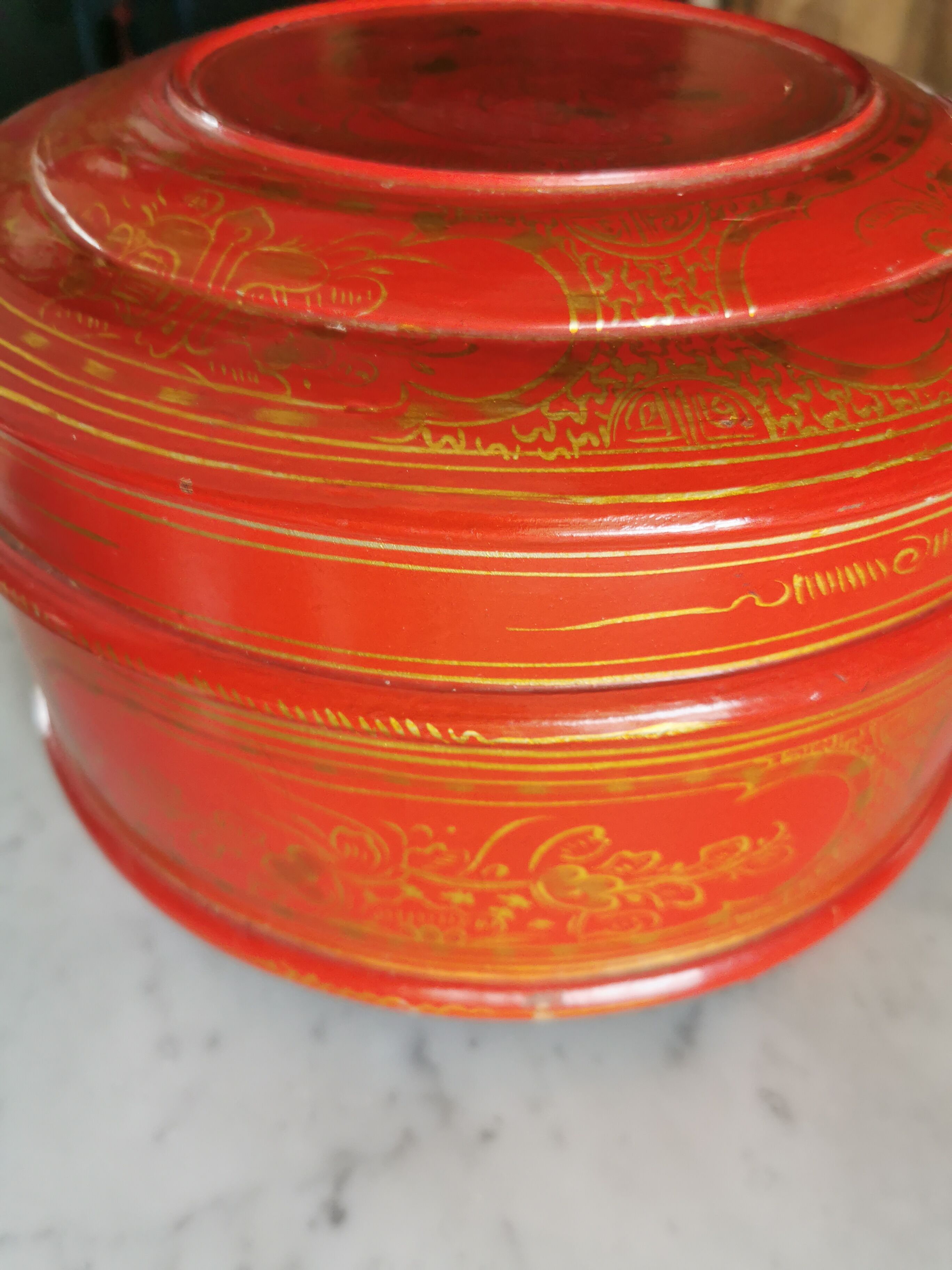 Old Asian wooden round box in lasca