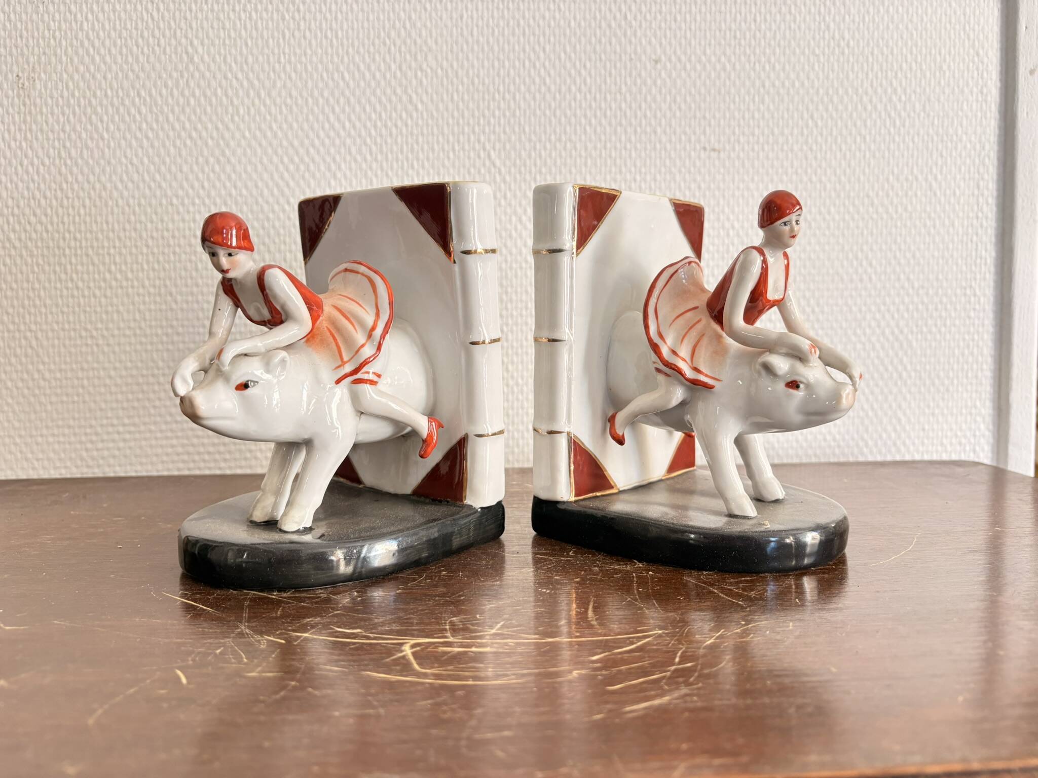 Old Pair of Bookends Porcelain White Girl Woman Equestrian Pig Art