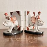 Old Pair of Bookends Porcelain White Girl Woman Equestrian Pig Art