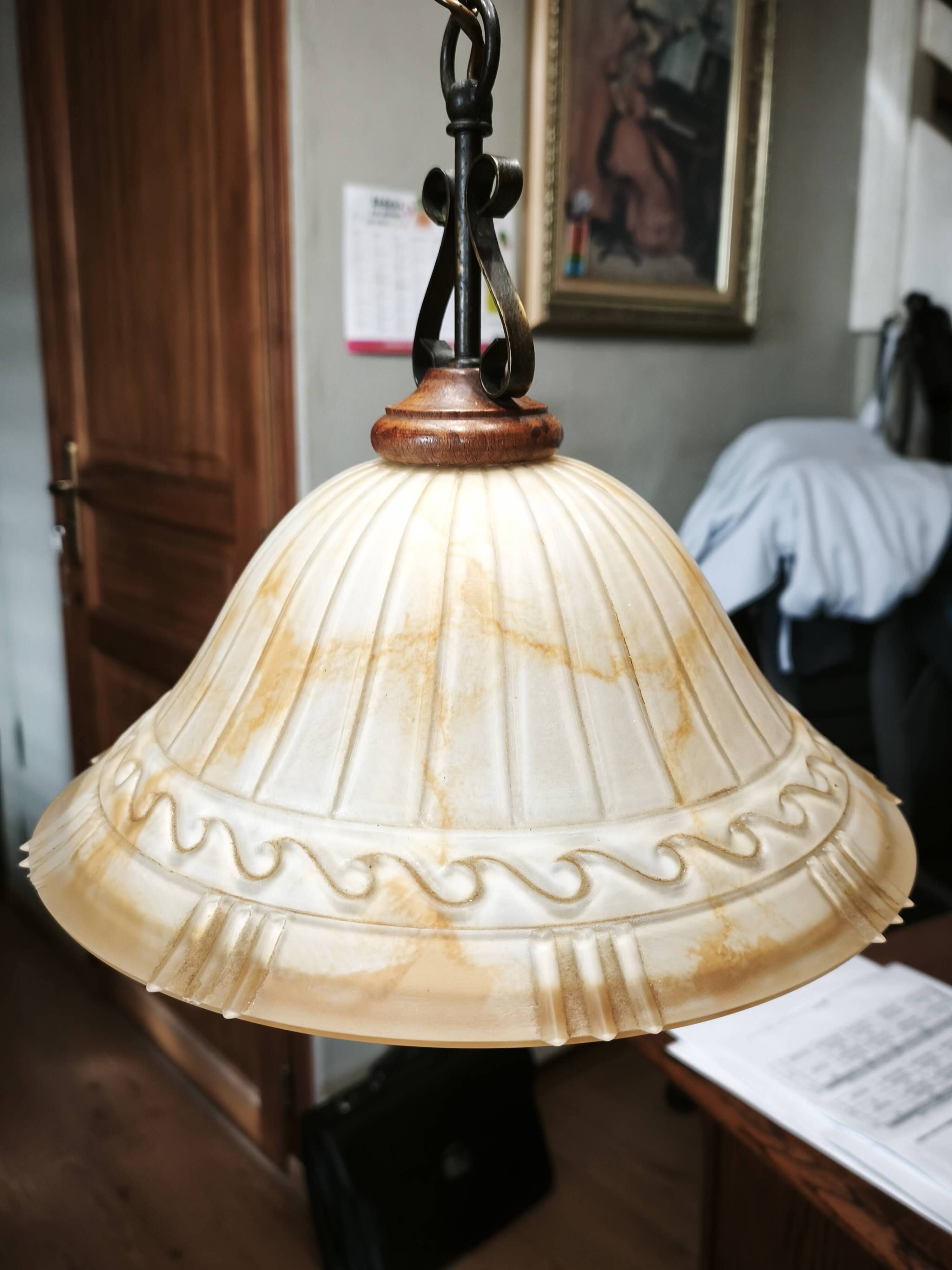 Vintage honey marbled glass pendant light with patinated metal – 1990s