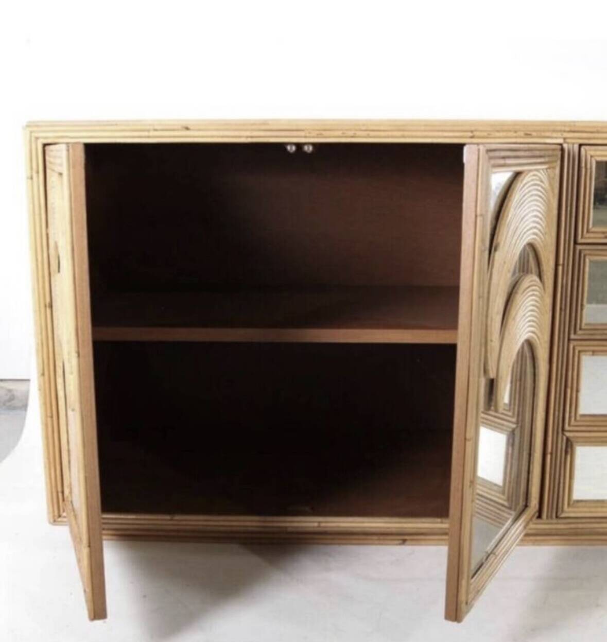 Rattan and mirrored “palm tree” sideboard
