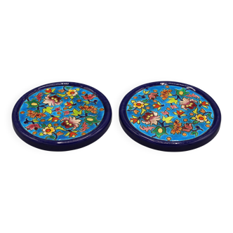 2 beautiful ceramic bottle coasters longwy enamels floral decor