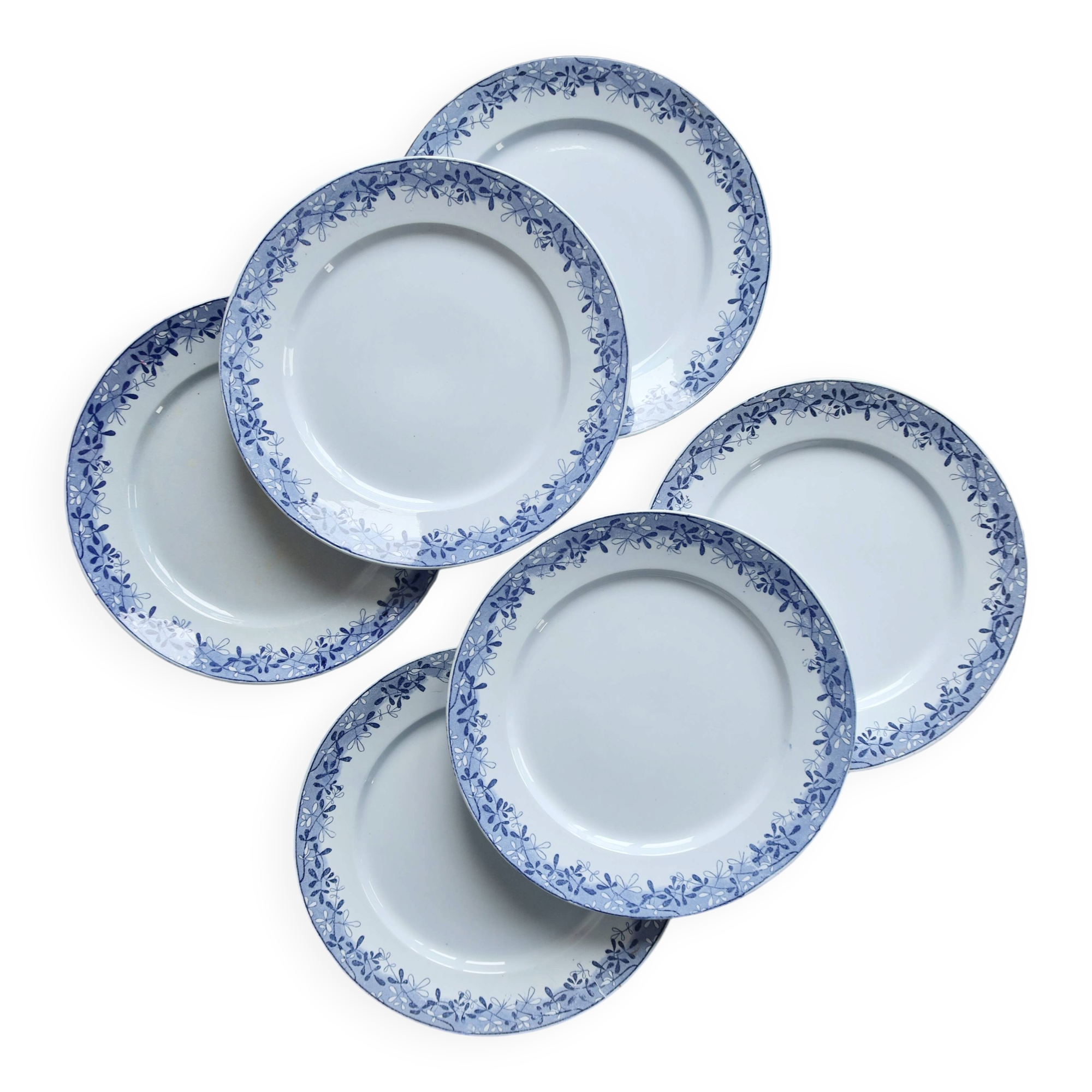 6 antique flat plates from Sarreguemines U&C in the Mimosa blue pattern.