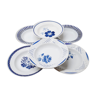 Set 6 mismatched blue hollow plates